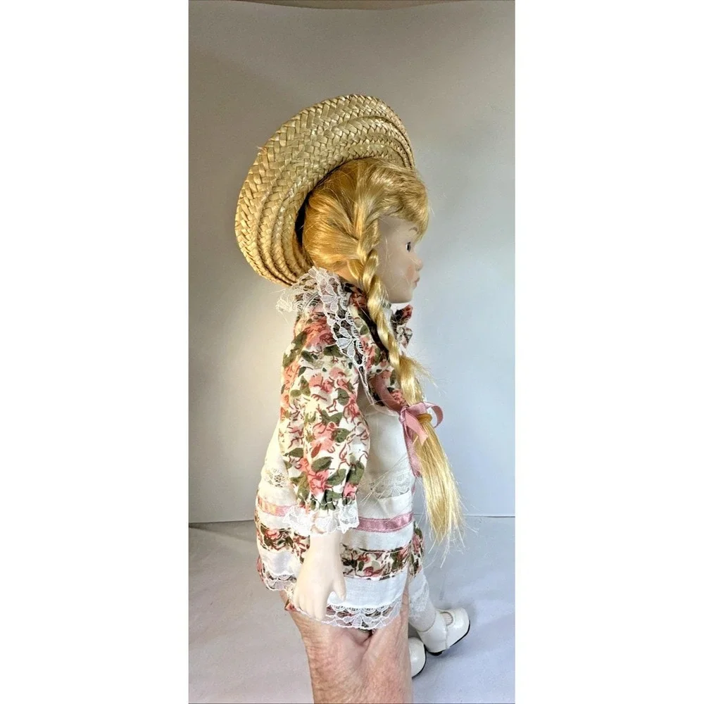 VTG Porcelain Doll Blonde Pigtails/Blue Eyes and Smock Dress with Straw Hat NIB